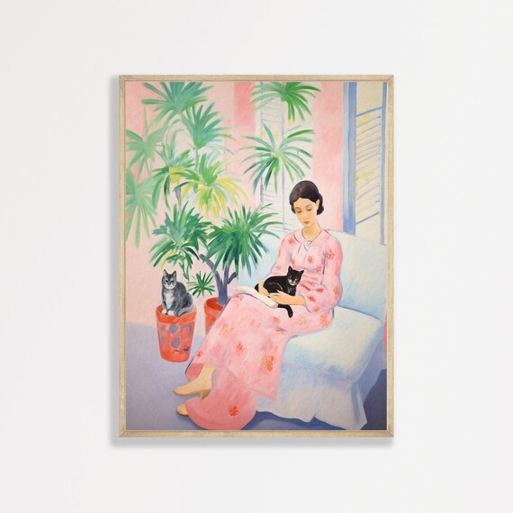 Woman Reading Sofa Cats Palm Trees Matisse Style Vintage Interior Wall Art Print