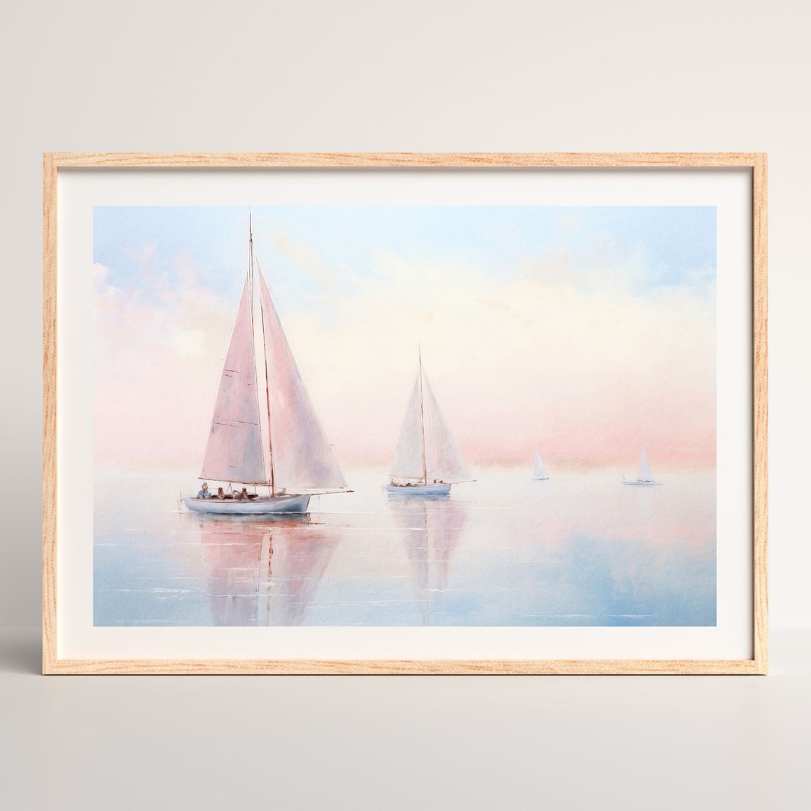 Sailboats Calm Water Pink Sunrise Reflections Nautical Painting Poster - Image 2