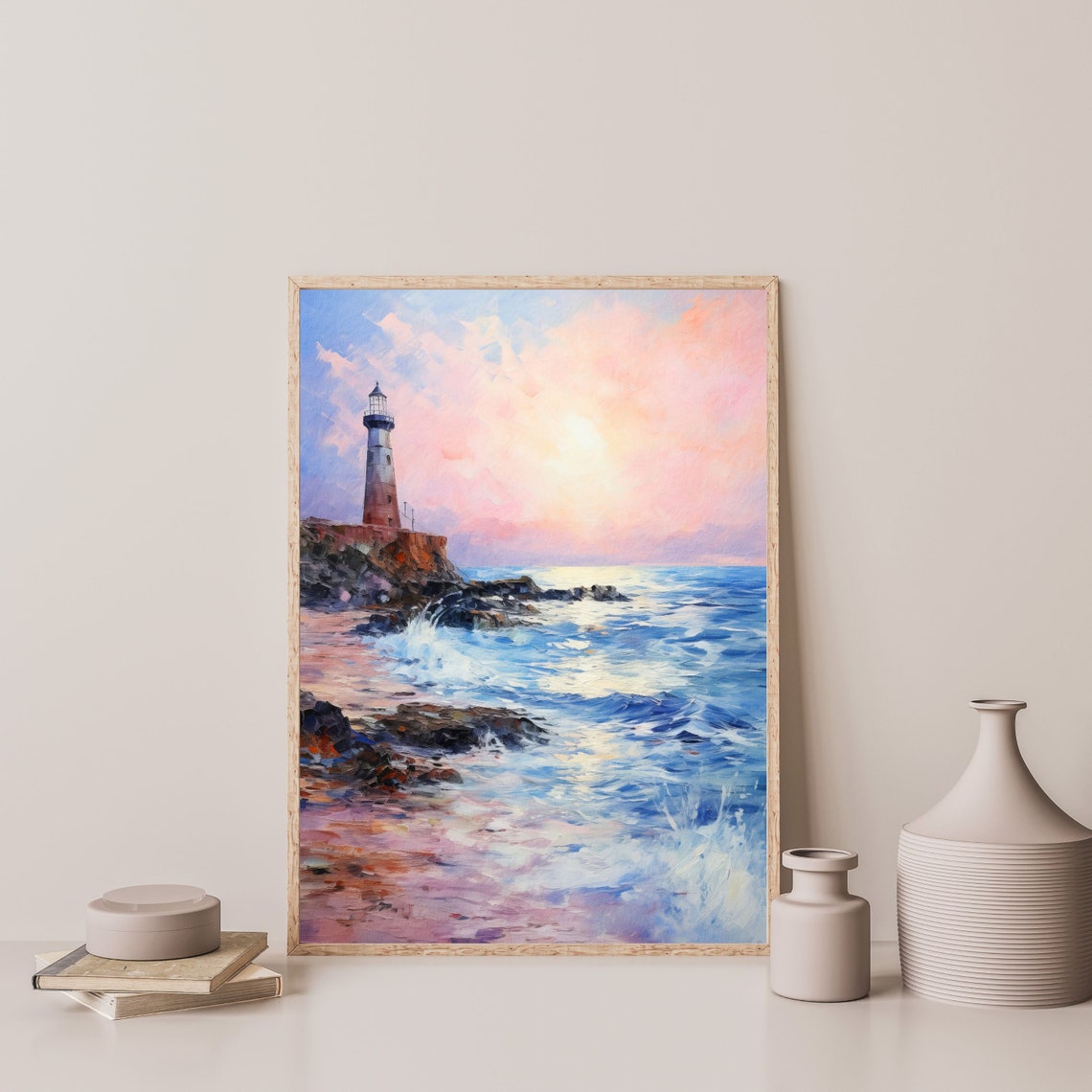 Seascape Wall Art Retro Lighthouse Oil Painting Vintage Modern Beach Wall Print Aesthetic Artwork Poster P 547 - Image 3