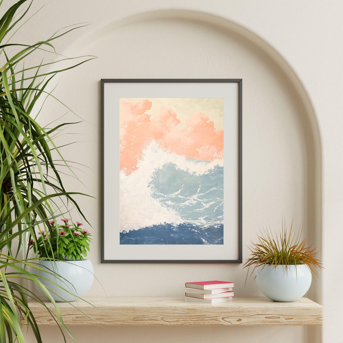 Ocean Wave Peach Pastel Sky Minimal Coastal Seascape Wall Art - Image 2