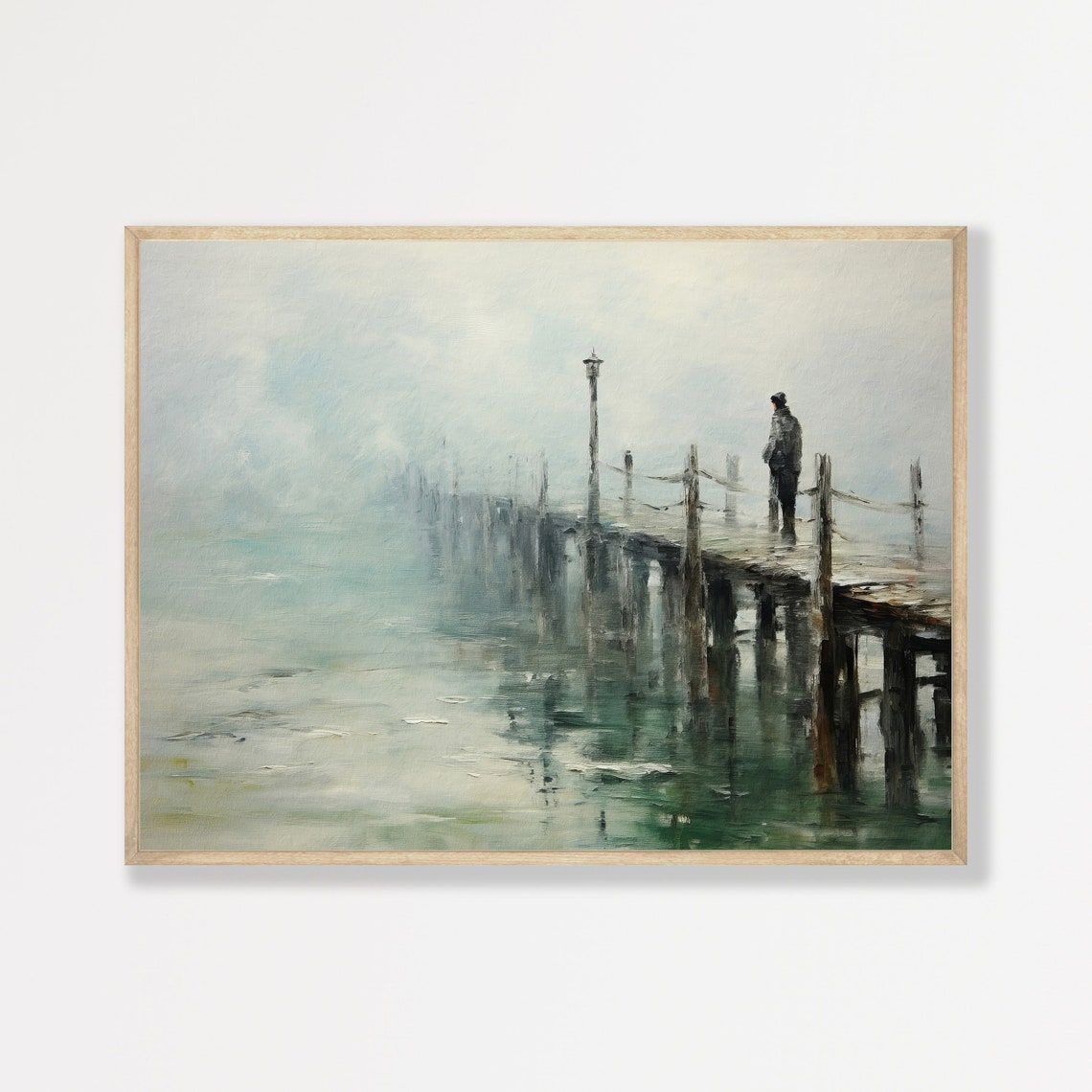 Vintage Dock Painting Moody Antique Wall Art Rustic Minimalist Art Print Seaside Coastal Poster P 680