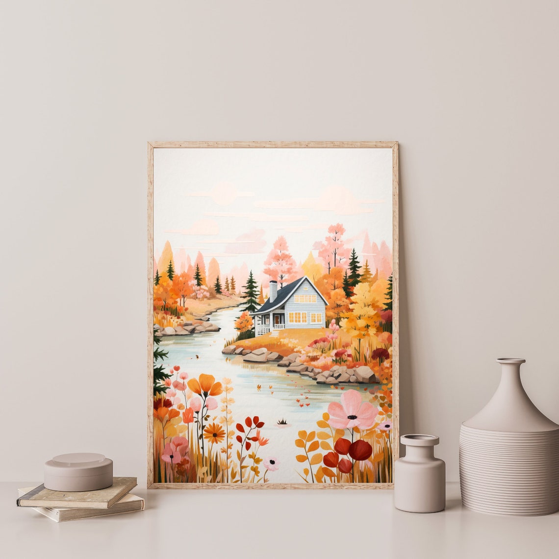 Boho Wall Art Print Minimal Lake House Landscape Painting Mid Century Modern Home Apartment Decor Retro Aesthetic Poster P 477 - Image 3