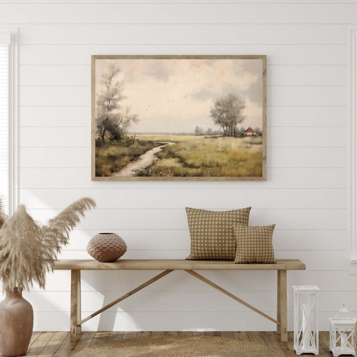 Moody Country Path Through Golden Meadows to a Red Roof Cottage Print - Image 3