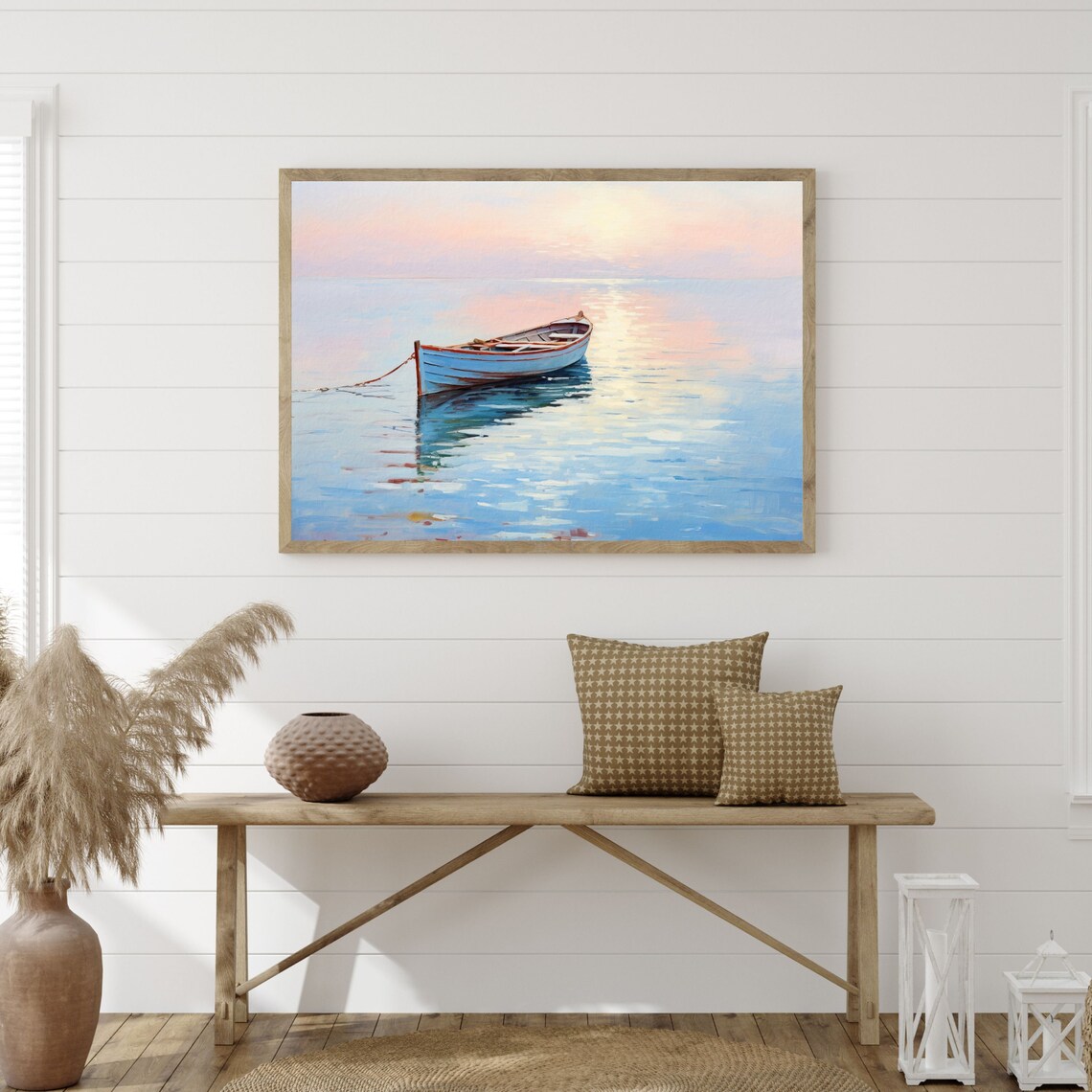 Wooden Rowboat Calm Water Pastel Sunrise Reflections Painting Poster - Image 3