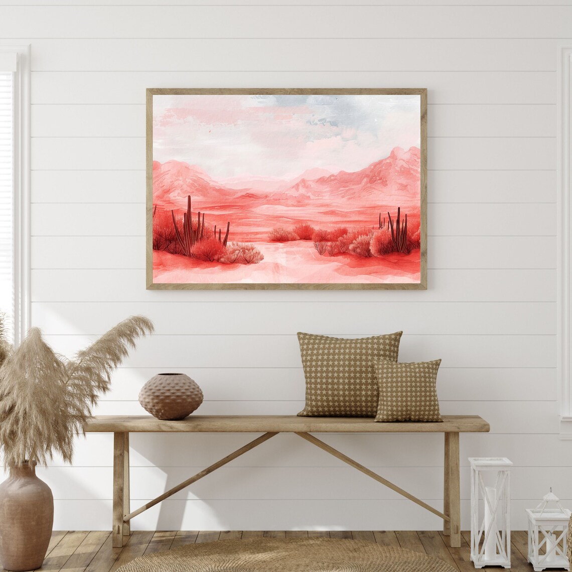 Pink Watercolor Desert Cactus Mountains Soft Pastel Art Poster - Image 3