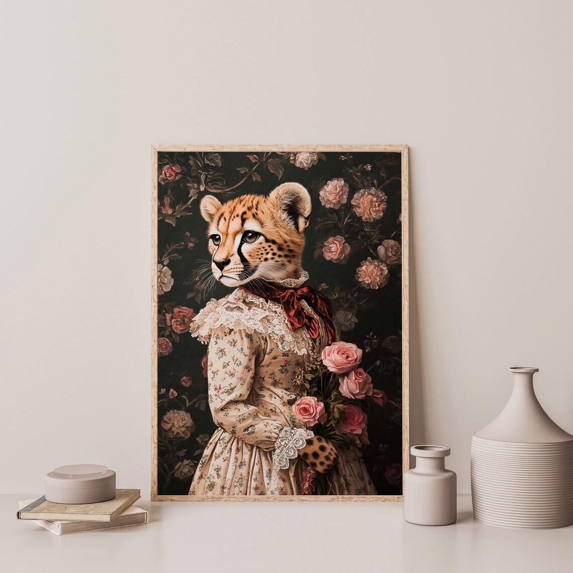 Cheetah In Victorian Floral Dress Vintage Animal Portrait Wall Art - Image 3