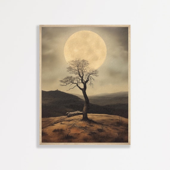 Moonlit Landscape Print Vintage Moon Painting Dark Academia Decor Maximalist Antique Artwork P 790