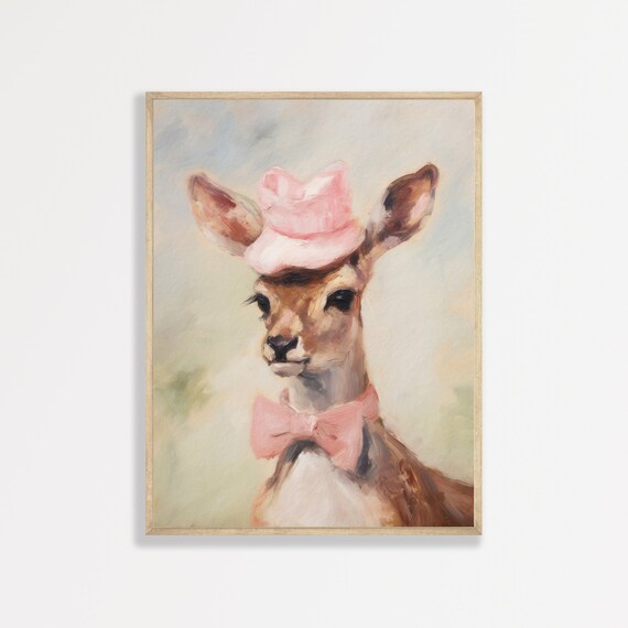 Deer In Pink Bow Hat And Bow Tie Funny Animal Portrait Wall Art