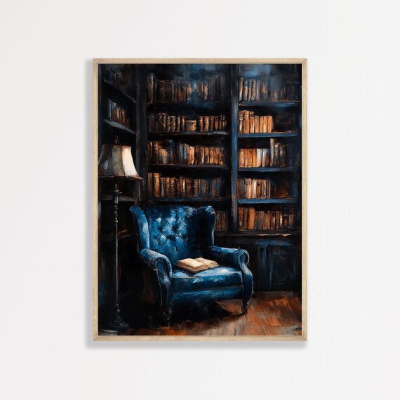 Moody Dark Academia Library Blue Velvet Armchair Oil Painting Poster