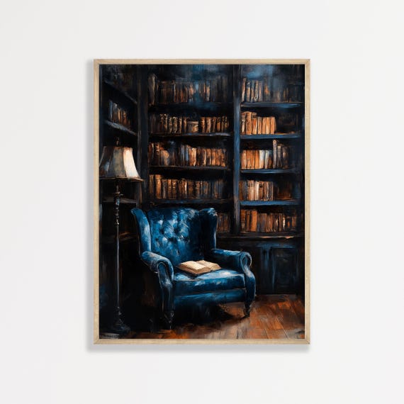 Moody Library Painting Vintage Bookish Interior Wall Art Dark Academia Antique Home Decor Rustic Print 1015