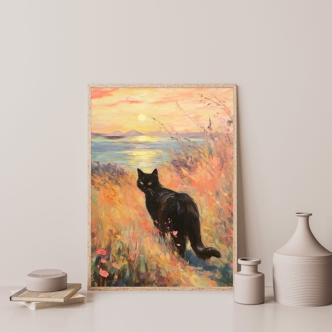 Monet-Inspired Black Cat Coastal Art Print, Retro - Image 3