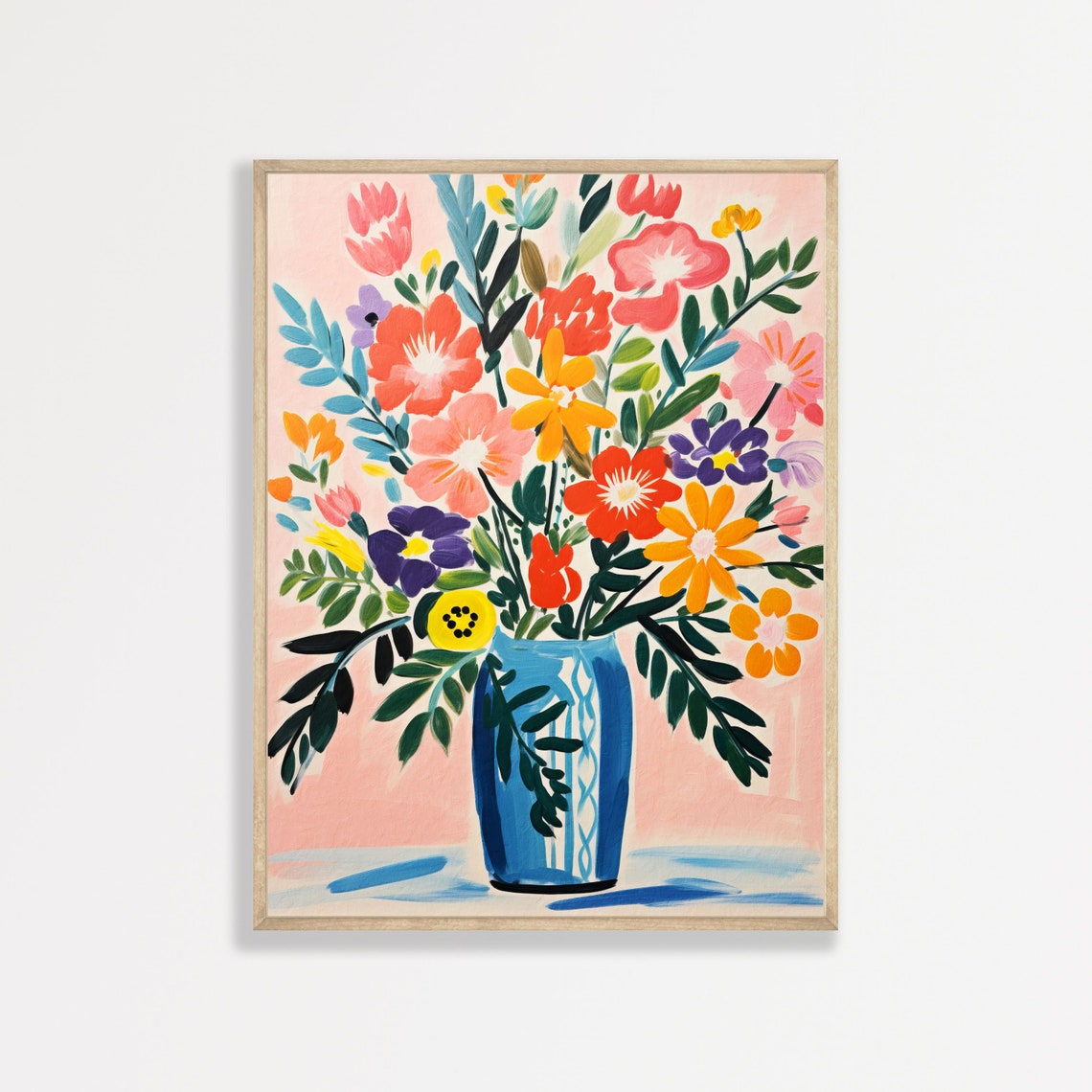 Colorful Wildflower Bouquet Blue Vase Pink Folk Bloom Poster