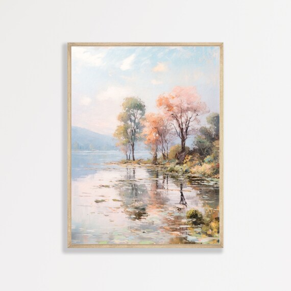 Retro Lake Countryside Trees Art Print, Vintage Aesthetic