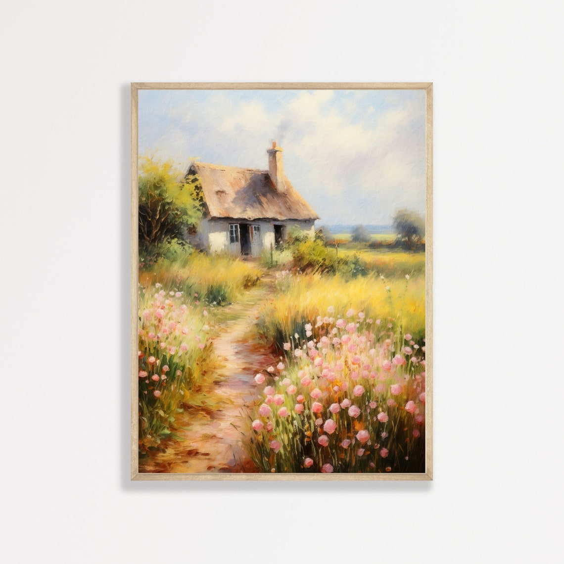 Thatched Cottage Flower Path Summer Countryside Oil Painting Poster