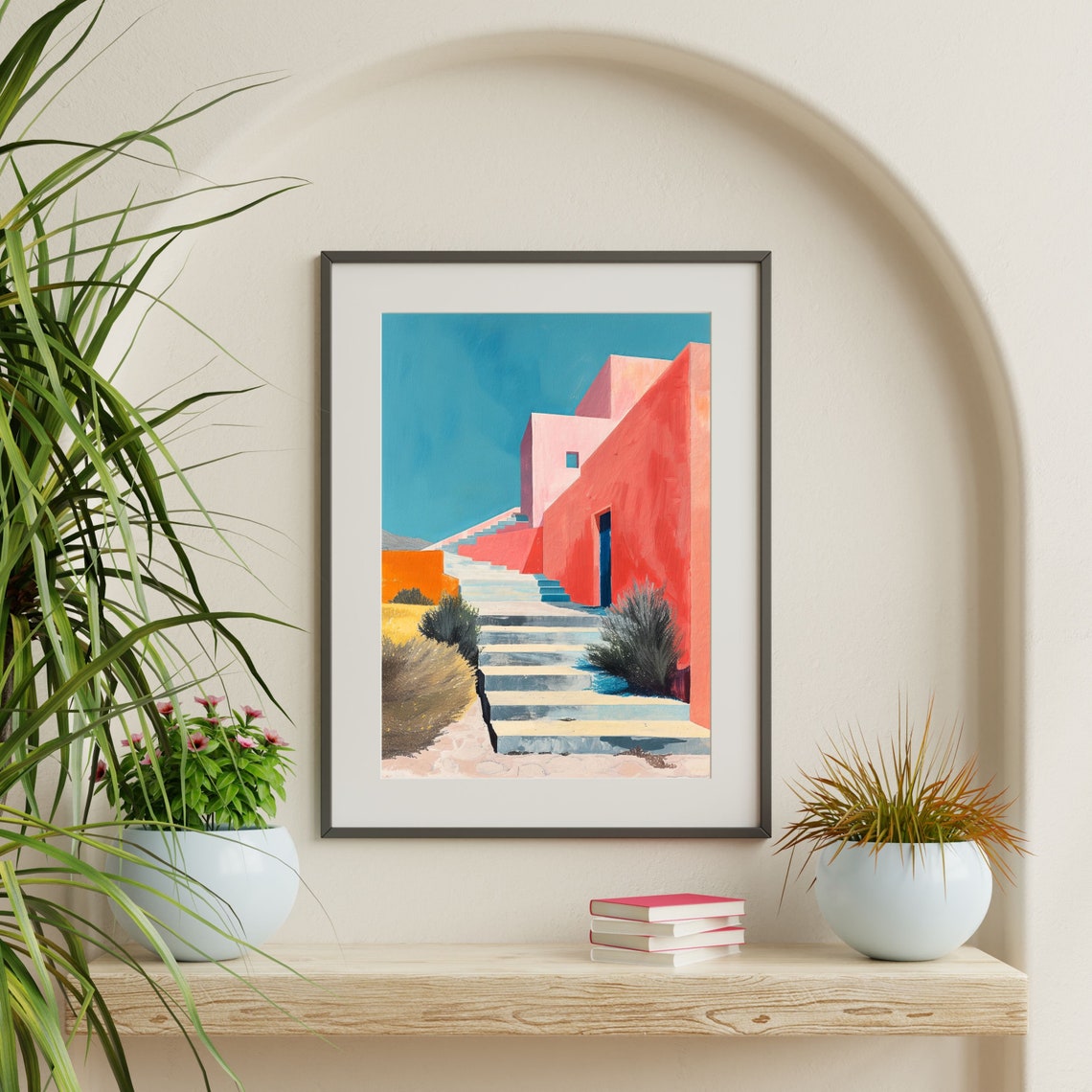 Coral Stairway Red Adobe Walls Turquoise Sky Bold Modern Art Poster - Image 2