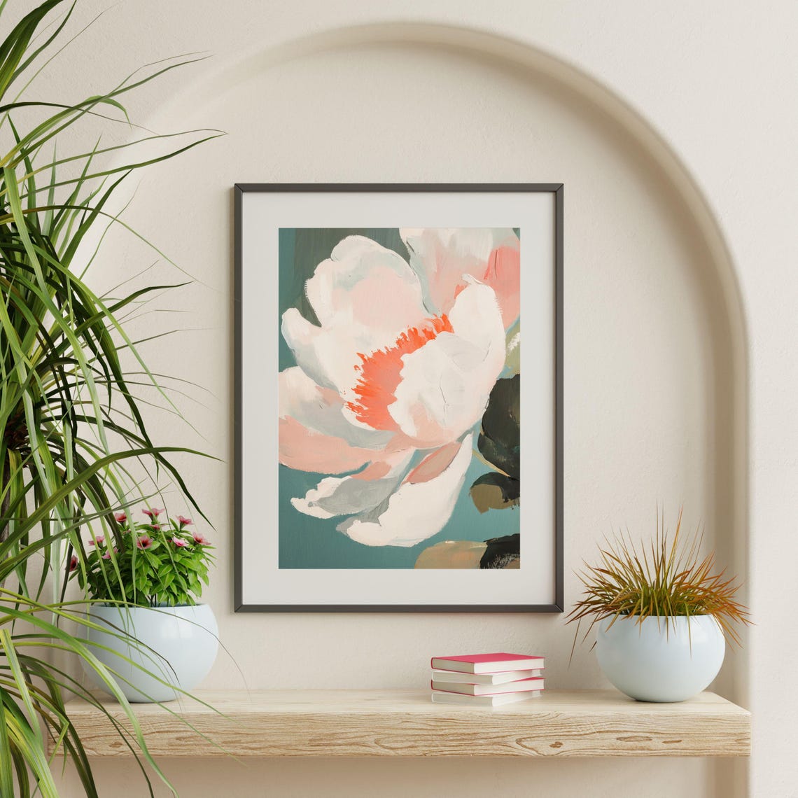 White Peony Bloom Close Up Coral Teal Modern Floral Art Print - Image 2
