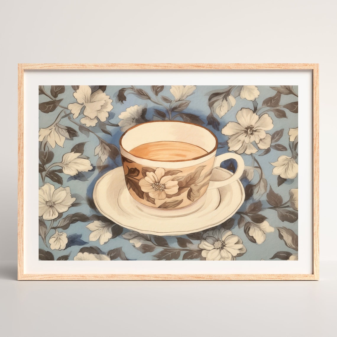 Vintage Floral Teacup on Blue Botanical Cloth Still Life Art Print - Image 2