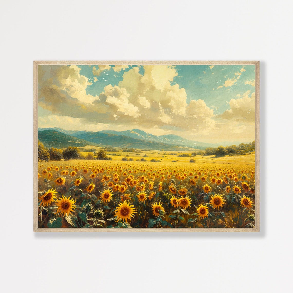 Sunflower Field Golden Clouds Mountain Valley Vintage Farm Poster