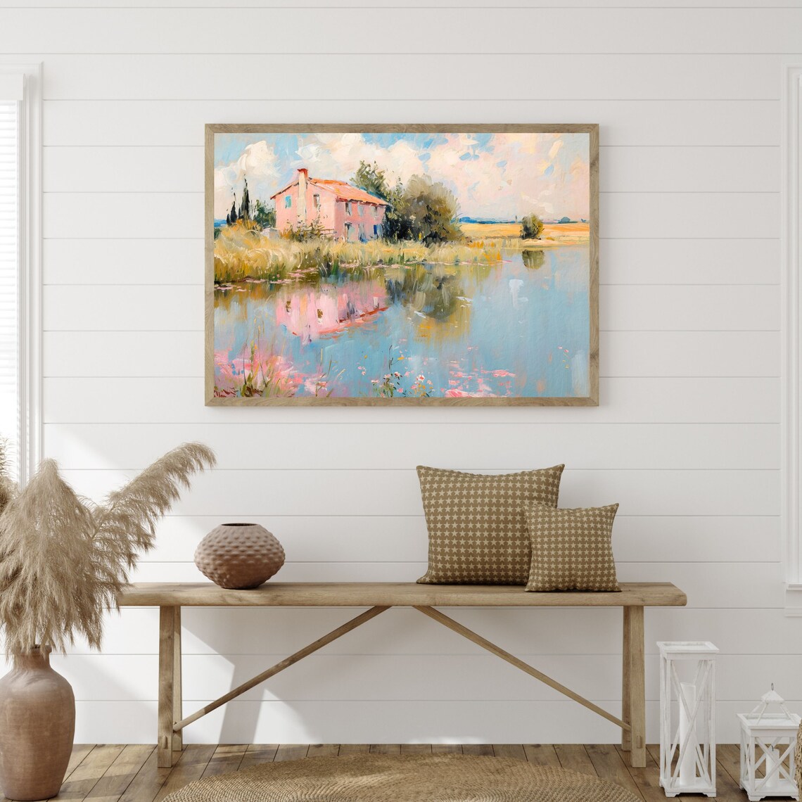 Pink Pastel Cottage Landscape, Retro Art Print - Image 3
