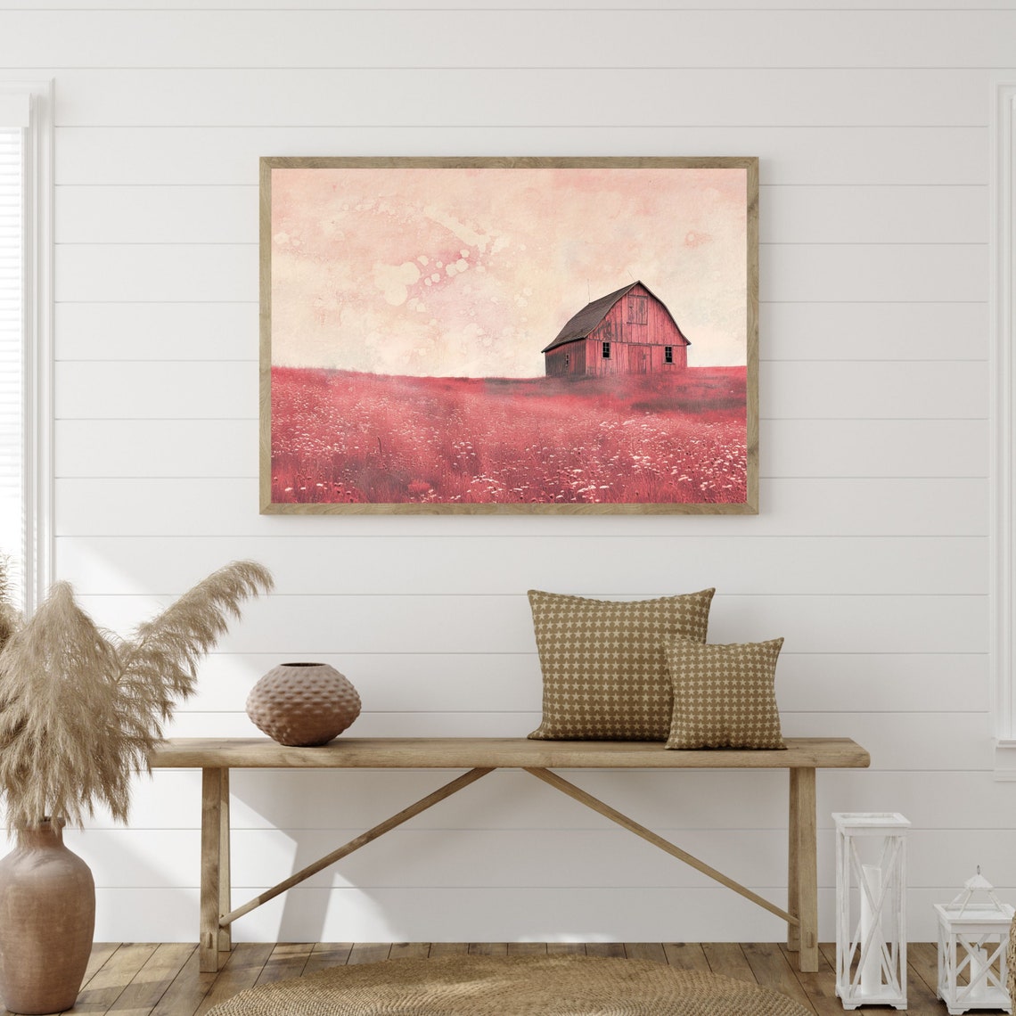 Red Barn Pink Wildflower Field Watercolor Countryside Art Poster - Image 3