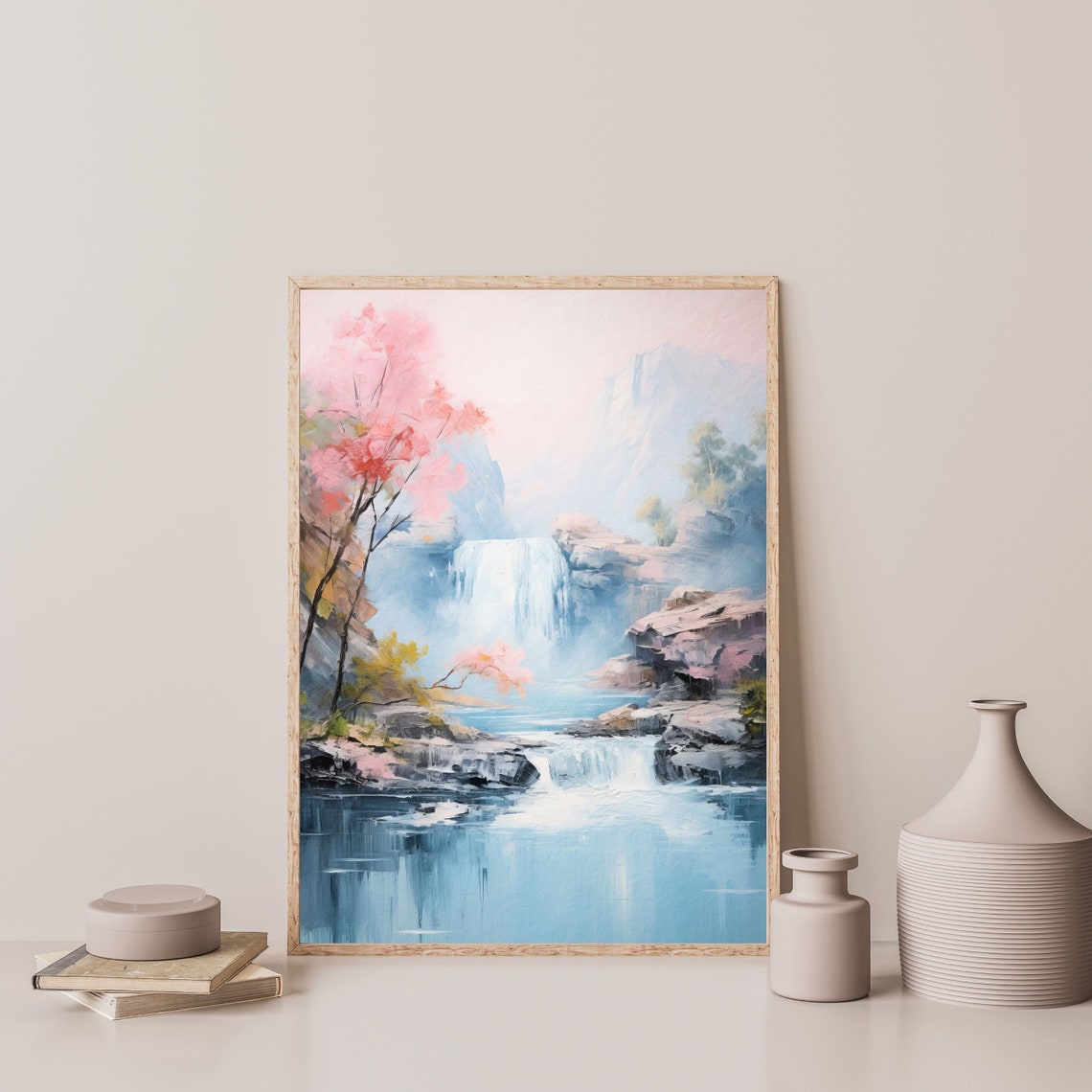Pastel Waterfall Painting Minimal Retro Nature Wall Art Soft Aesthetic Wall Print Modern Vintage Artwork P 563 - Image 3