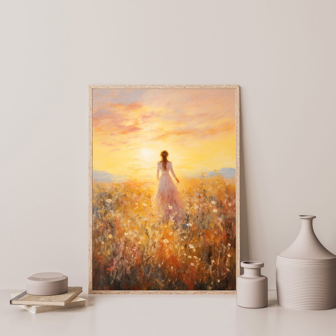 Woman in White Dress Walking Through Golden Field Sunset Wall Art - Image 3