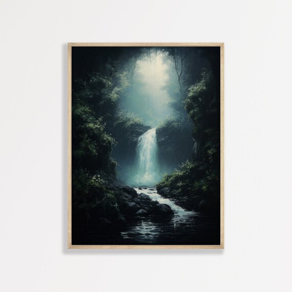 Forest Waterfall Print Moody Mystical Landscape Painting Dark Academia Nature Wall Art P 981