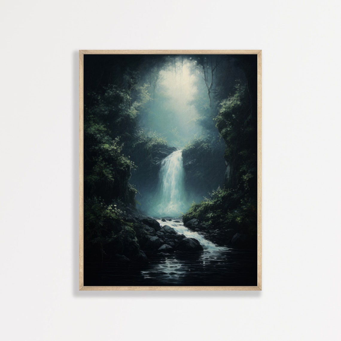 Misty Forest Waterfall Dark Woodland Stream Vintage Nature Poster
