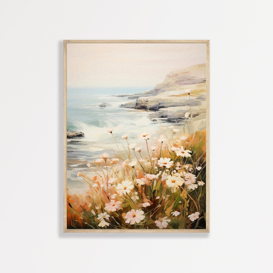 Coastal Cliffs with Wild Daisies Overlooking the Ocean Wall Art Print