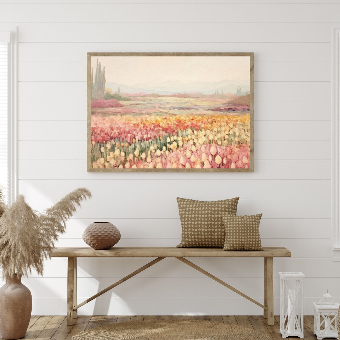 Countryside Tulip Field, Muted Pastel Landscape Art Print - Image 3