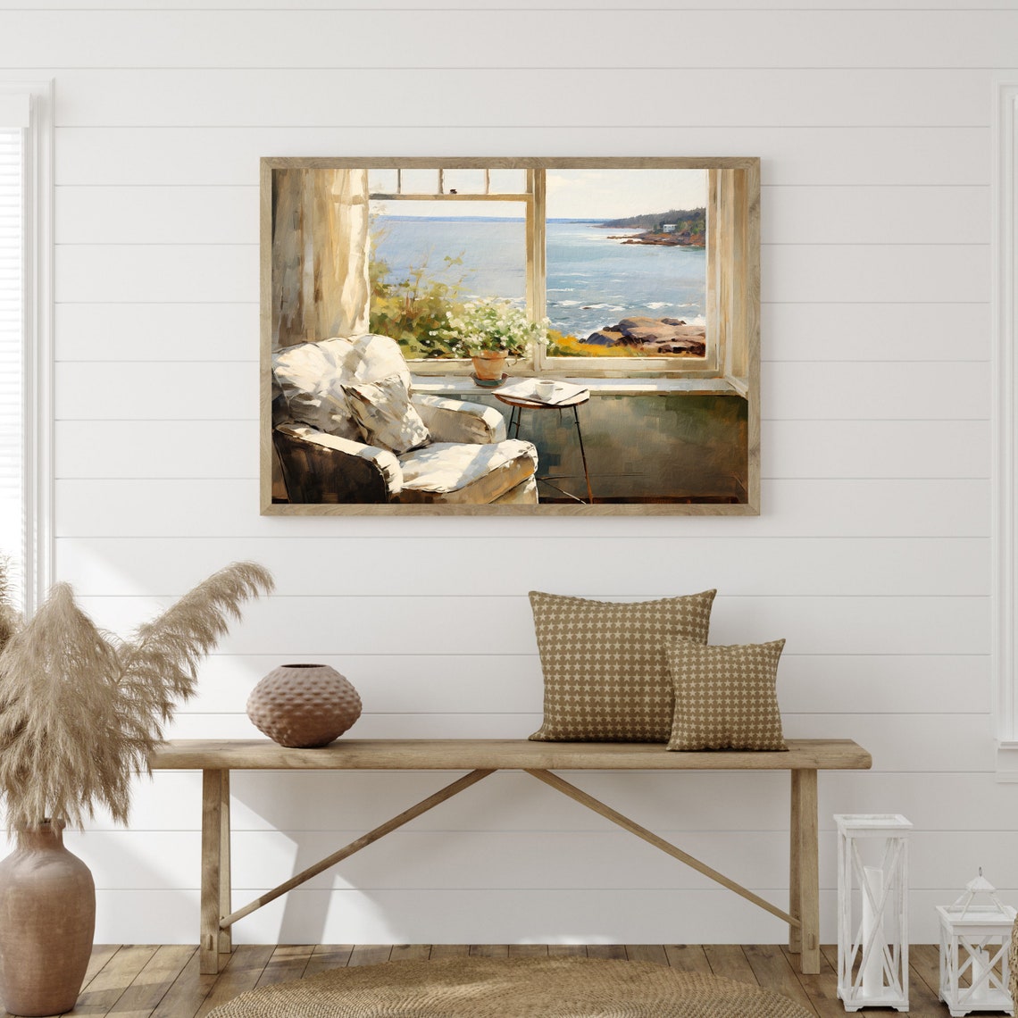 Sunlit Window Seat Armchair Overlooking a Rocky Coast View Poster - Image 3