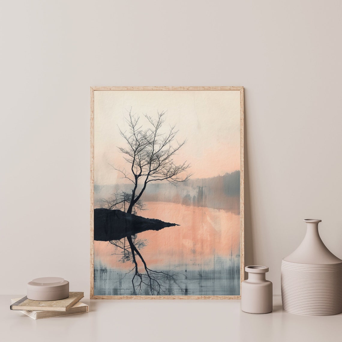 Lone Tree Still Water Blush Sunset Minimal Japanese Art Poster - Image 3