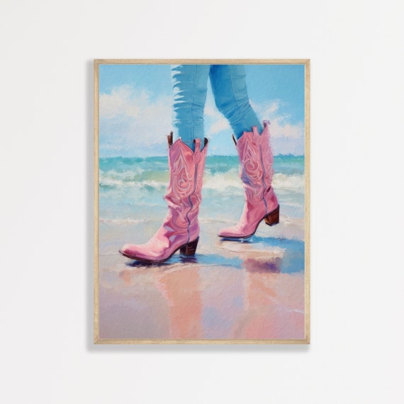 Pink Cowgirl Boots, Retro Coastal Wall Art Print