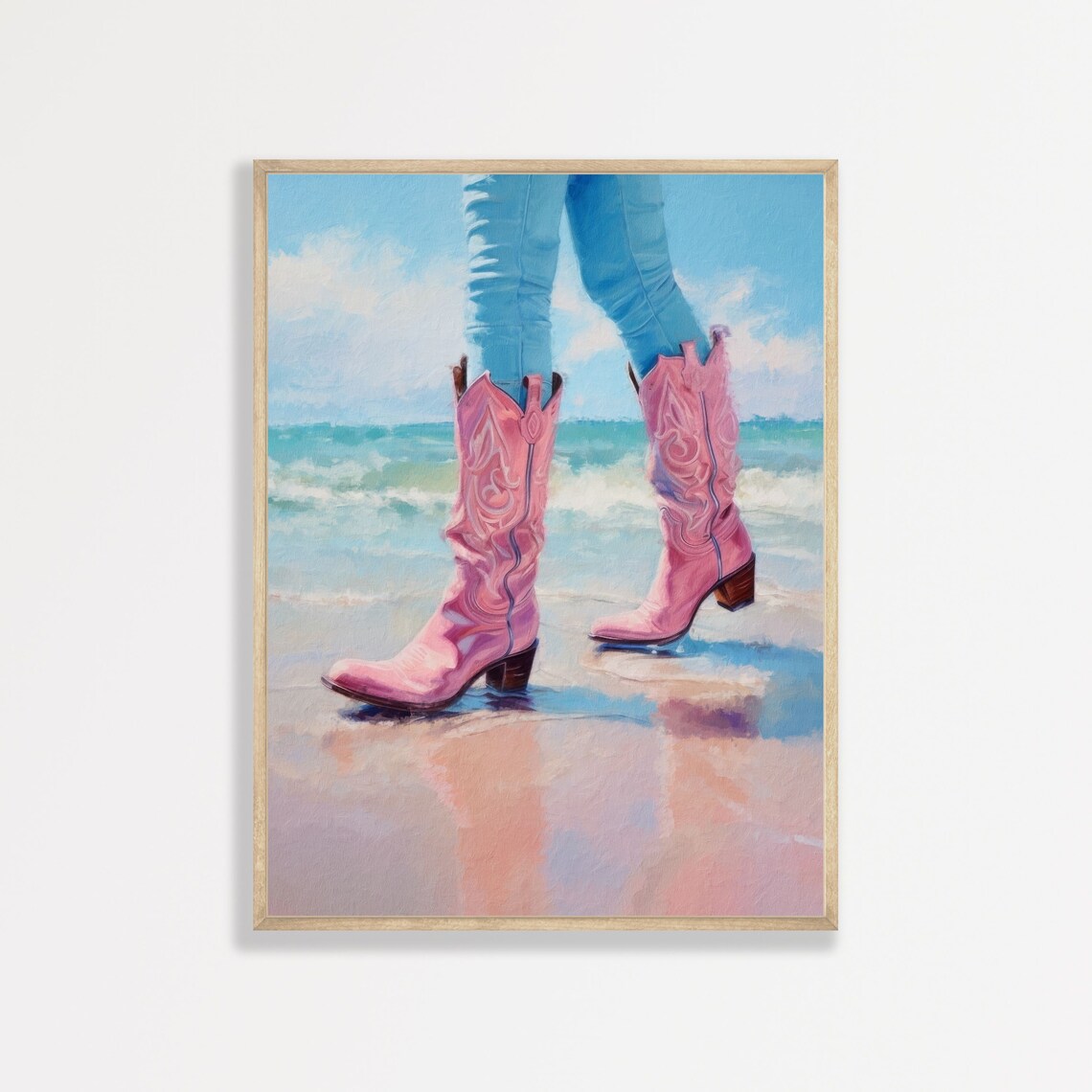Pink Cowgirl Boots, Retro Coastal Wall Art Print