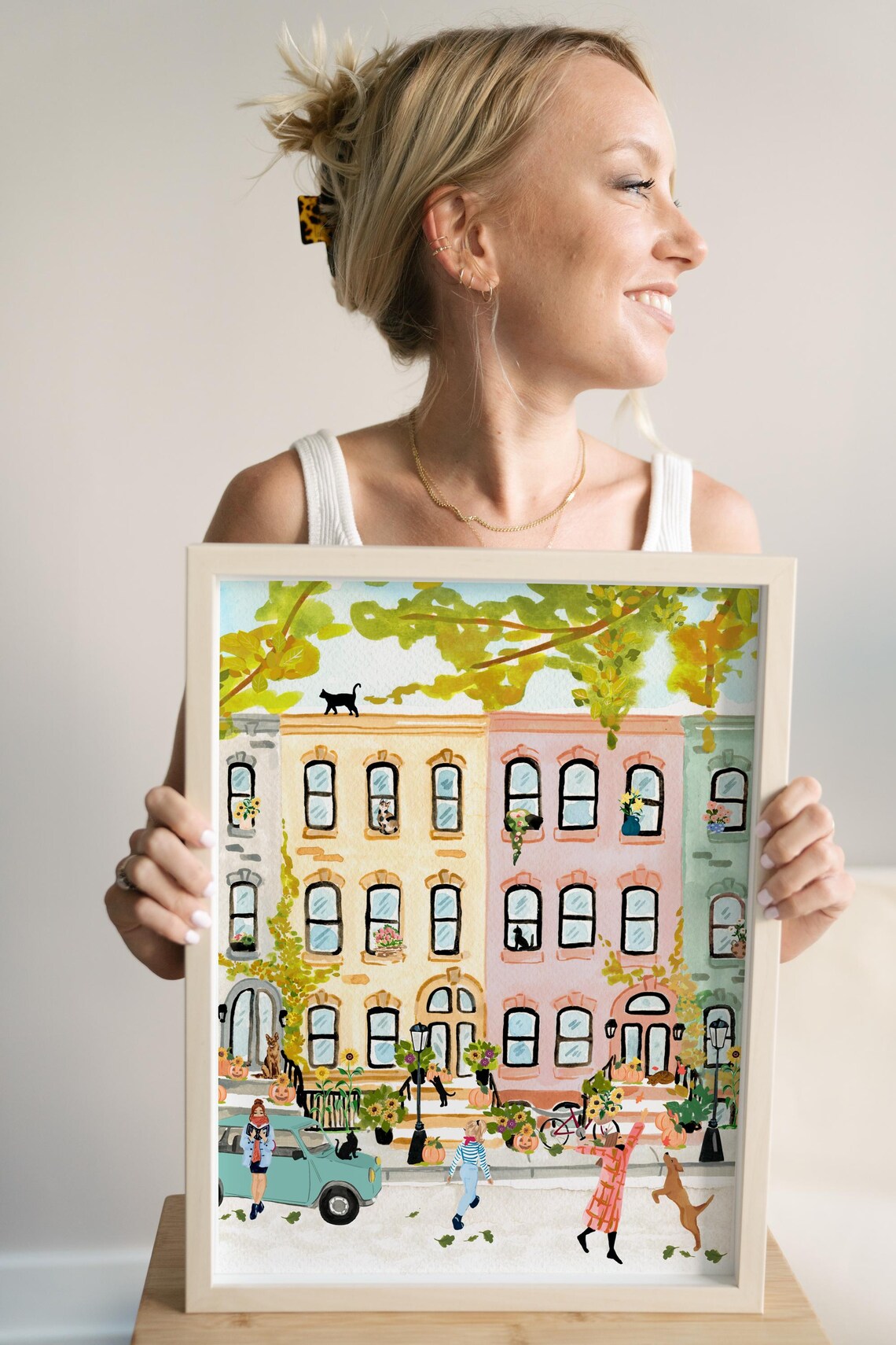 Fall City Watercolor Art Print, Pastel Autumn Decor - Image 3