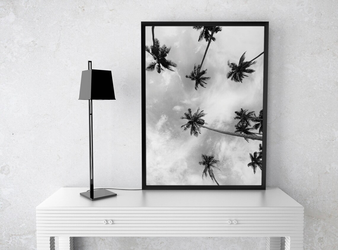 Palm Trees Black And White Tropical Canopy Nature Sky Photo Wall Art - Image 2