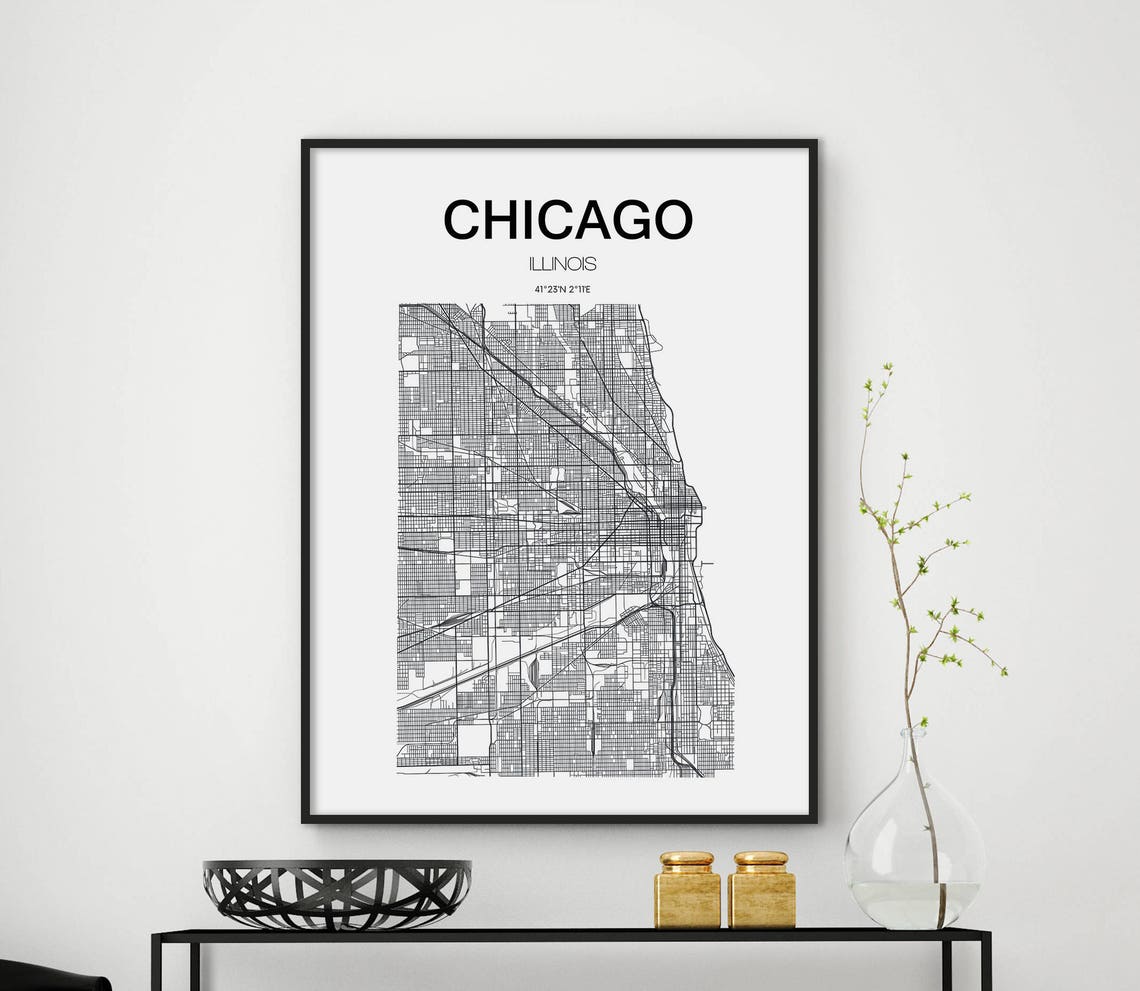 Chicago Illinois City Street Map Black and White Travel Poster