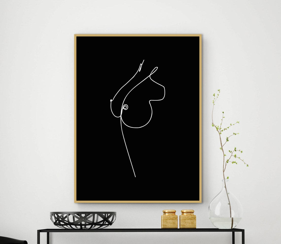 Continuous One Line Woman Profile Silhouette Black Abstract Art Poster