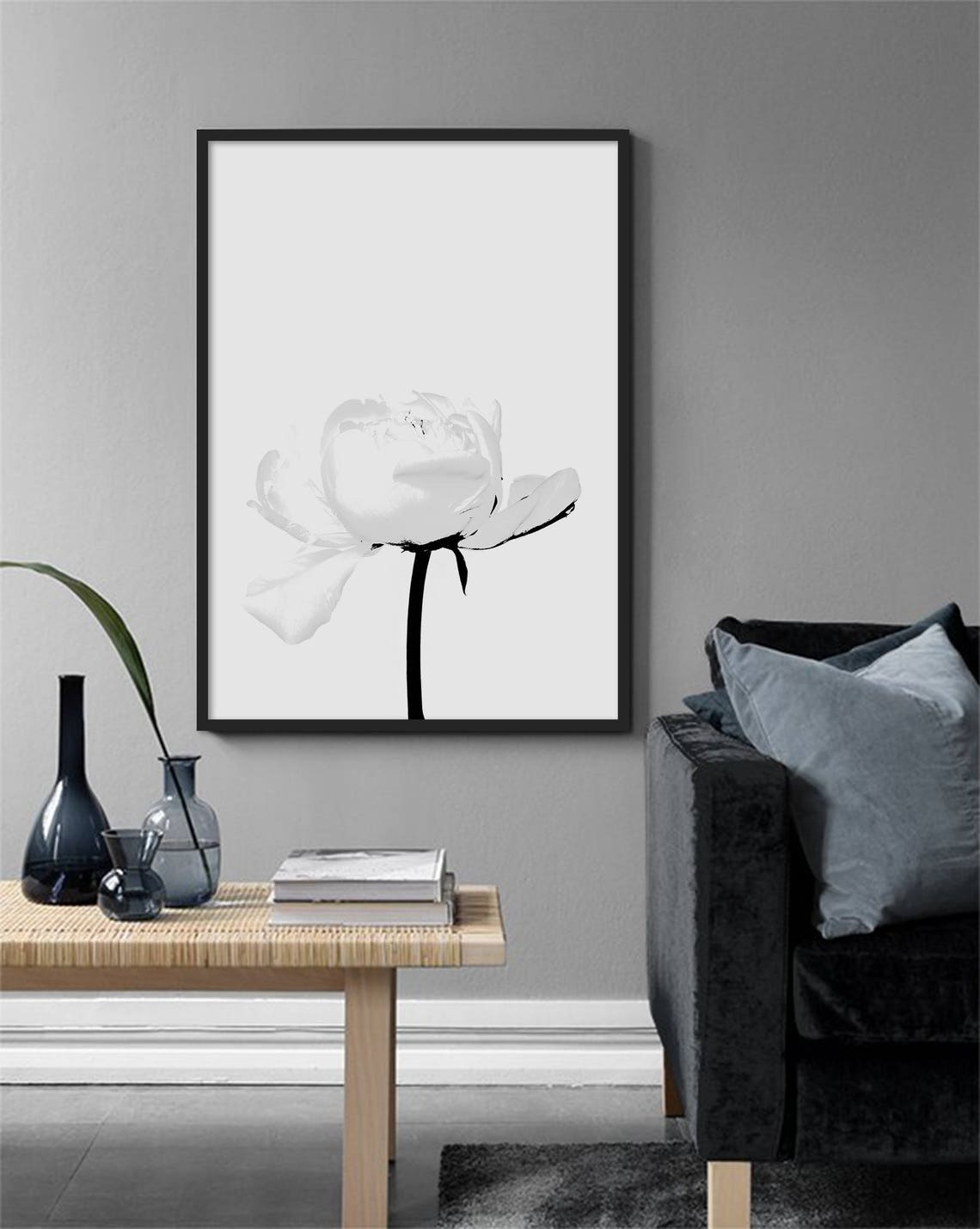 White Peony Minimalist Black and White Flower Botanical Art Poster - Image 2