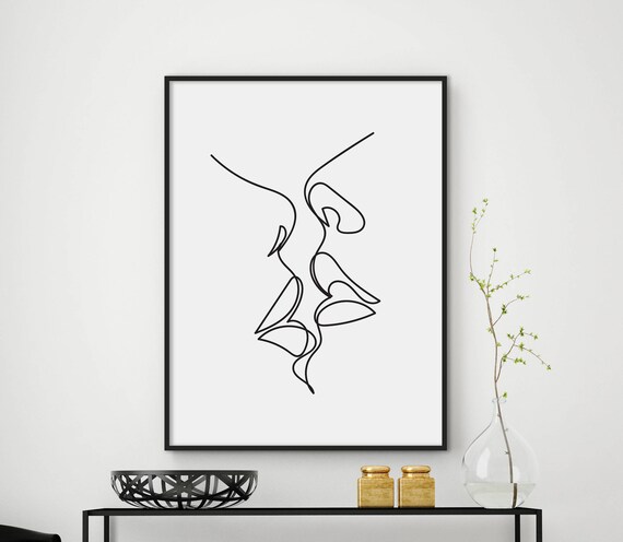 One Line Kiss Drawing Minimalist Abstract Romance Face Poster