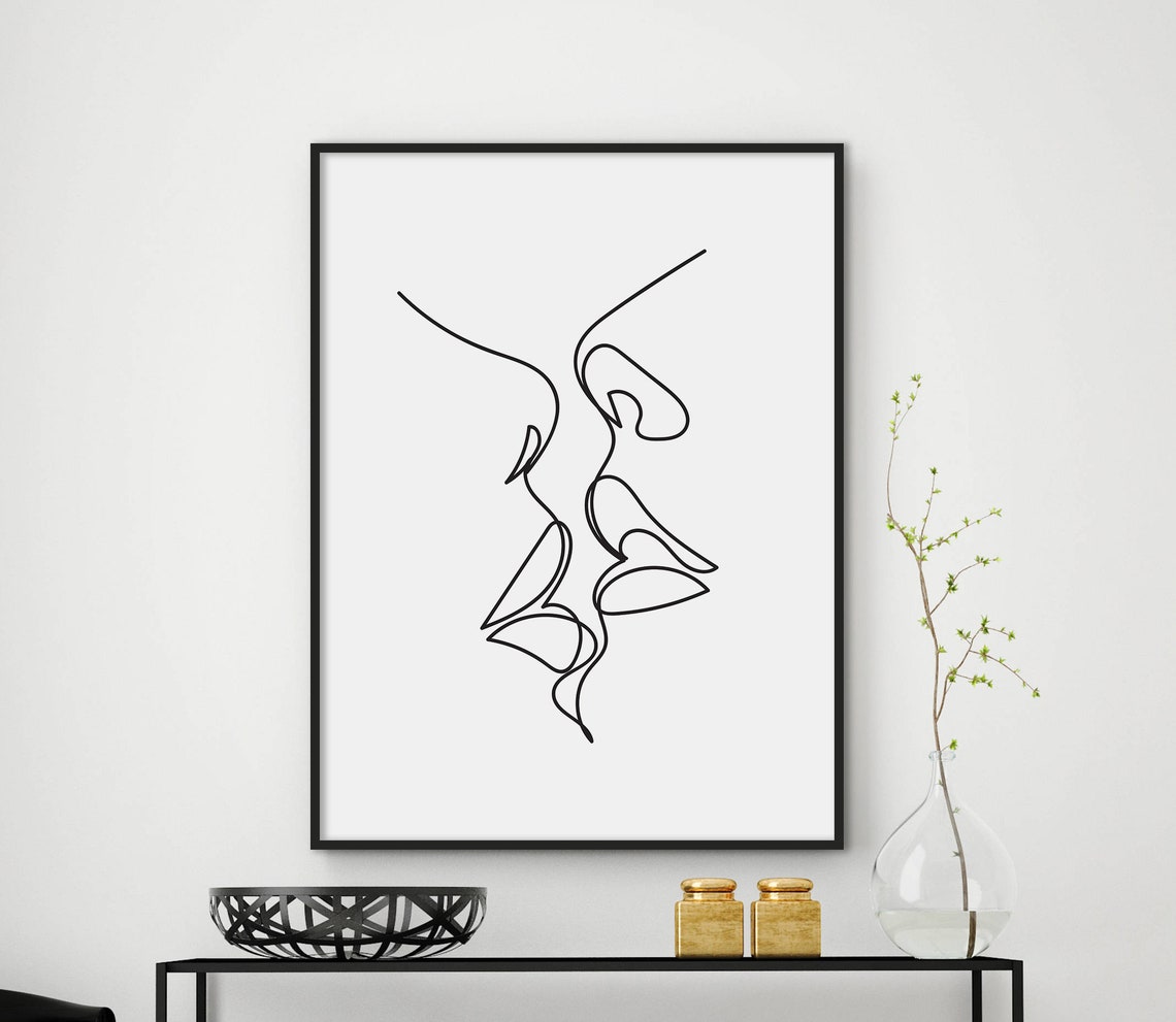 One Line Kiss Drawing Minimalist Abstract Romance Face Poster