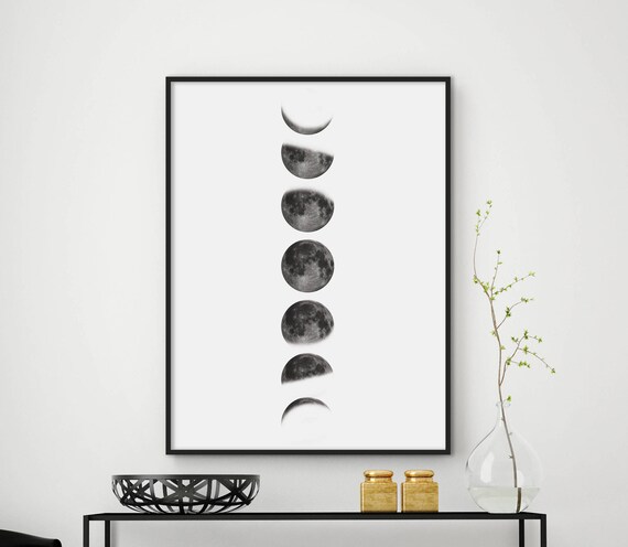 Moon Phases Minimalist Black and White Lunar Cycle Astronomy Poster