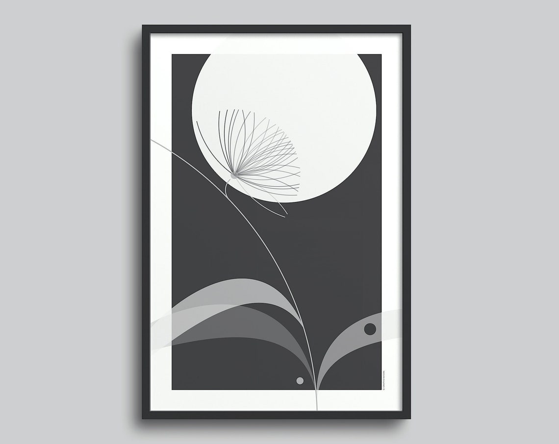 Moonlit White Flower Under a Moon Circle on Charcoal Art Poster