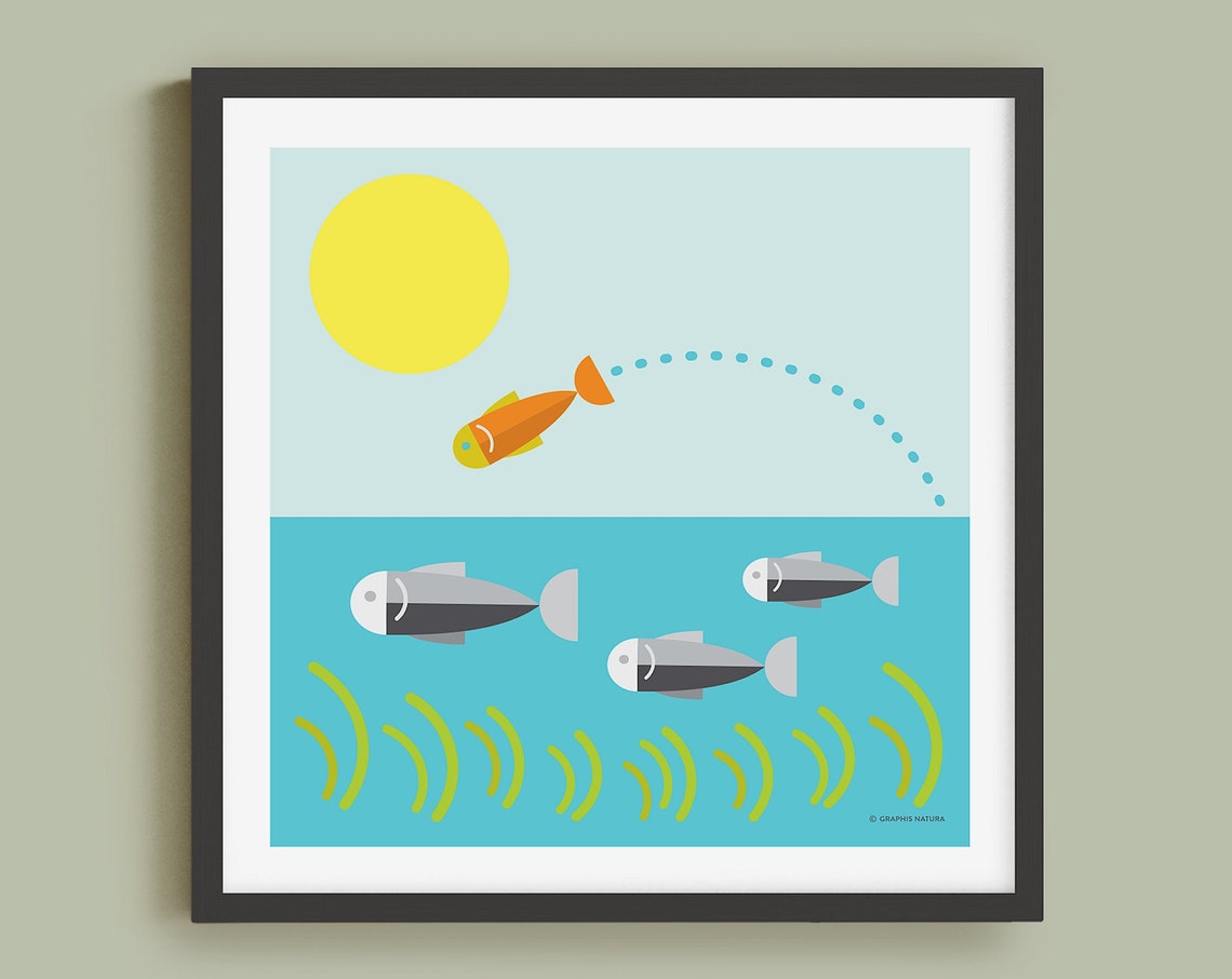 Jumping Orange Fish and Sun Over Turquoise Water Wildlife Poster
