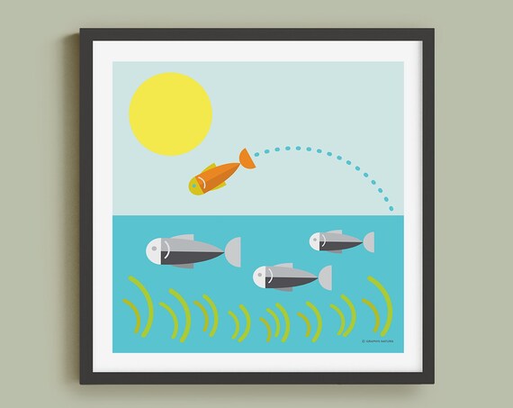 Jumping Orange Fish and Sun Over Turquoise Water Wildlife Poster