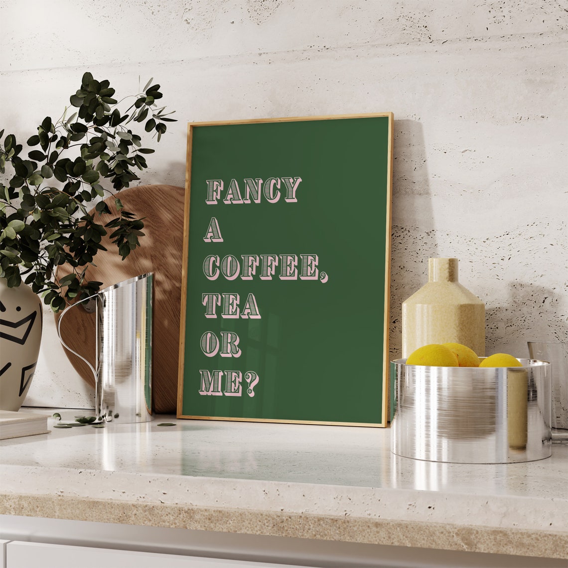 Fancy a Coffee Tea or Me Dark Green Pink Retro Kitchen Quote Poster - Image 4