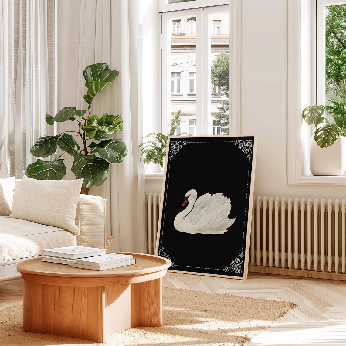 White Swan On Black Background Elegant Vintage Animal Art Poster - Image 2