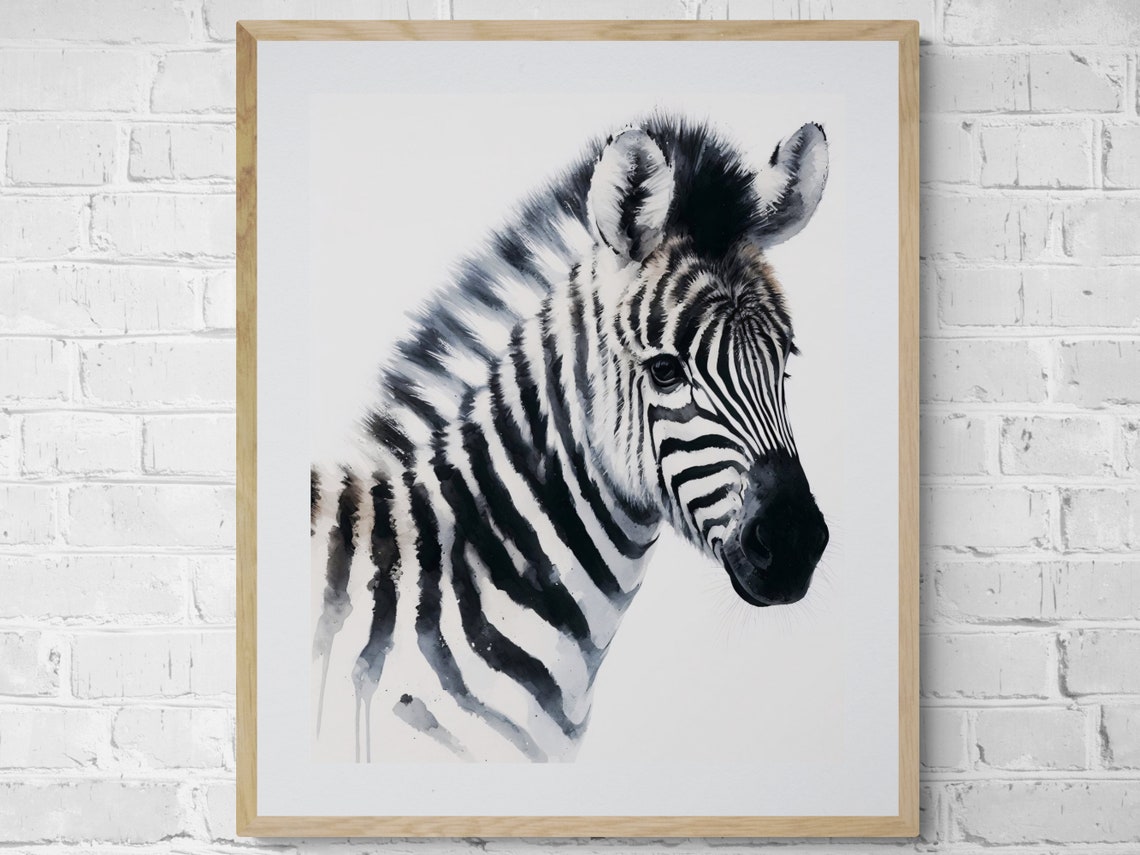Safari Zebra Watercolor Wildlife Portrait Black White Art Poster
