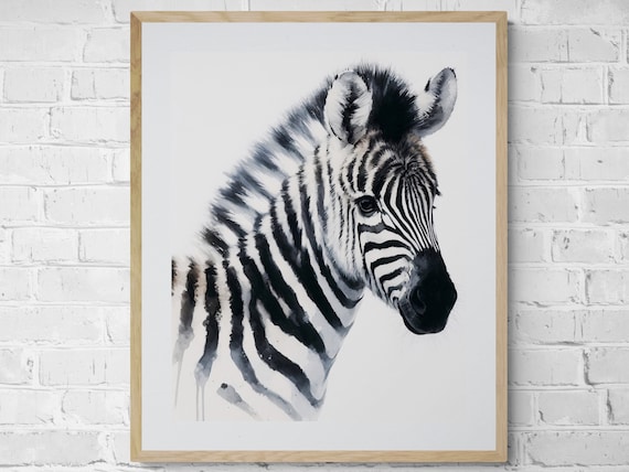 Safari Zebra Watercolor Wildlife Portrait Black White Art Poster