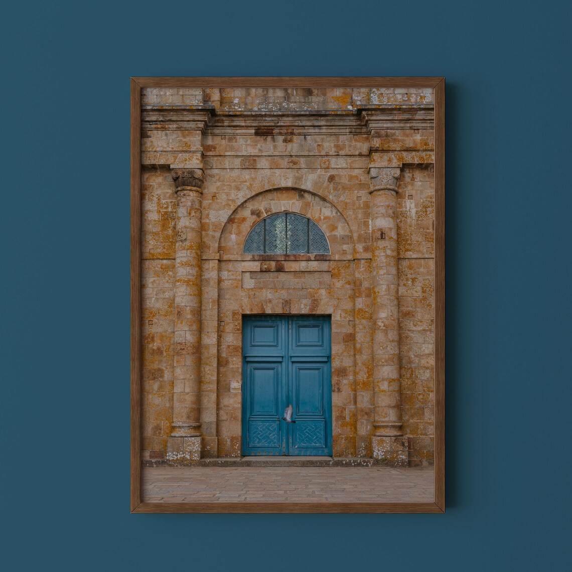 French Stone Church Blue Door Weathered Facade Photography Art Poster